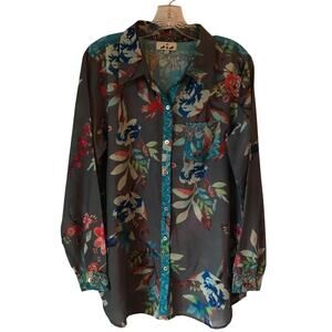 A and A Blouse Large Womens Floral Boho Multicolor Watercolor Button Up L Sleeve